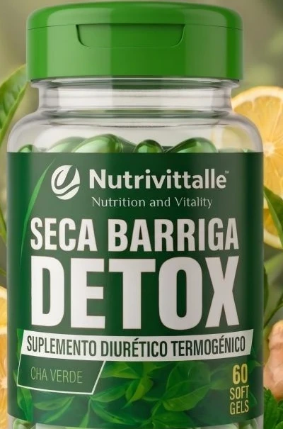 Embalagem de Seca Barriga Detox, da Nutrivittalle, para identificação do produto.