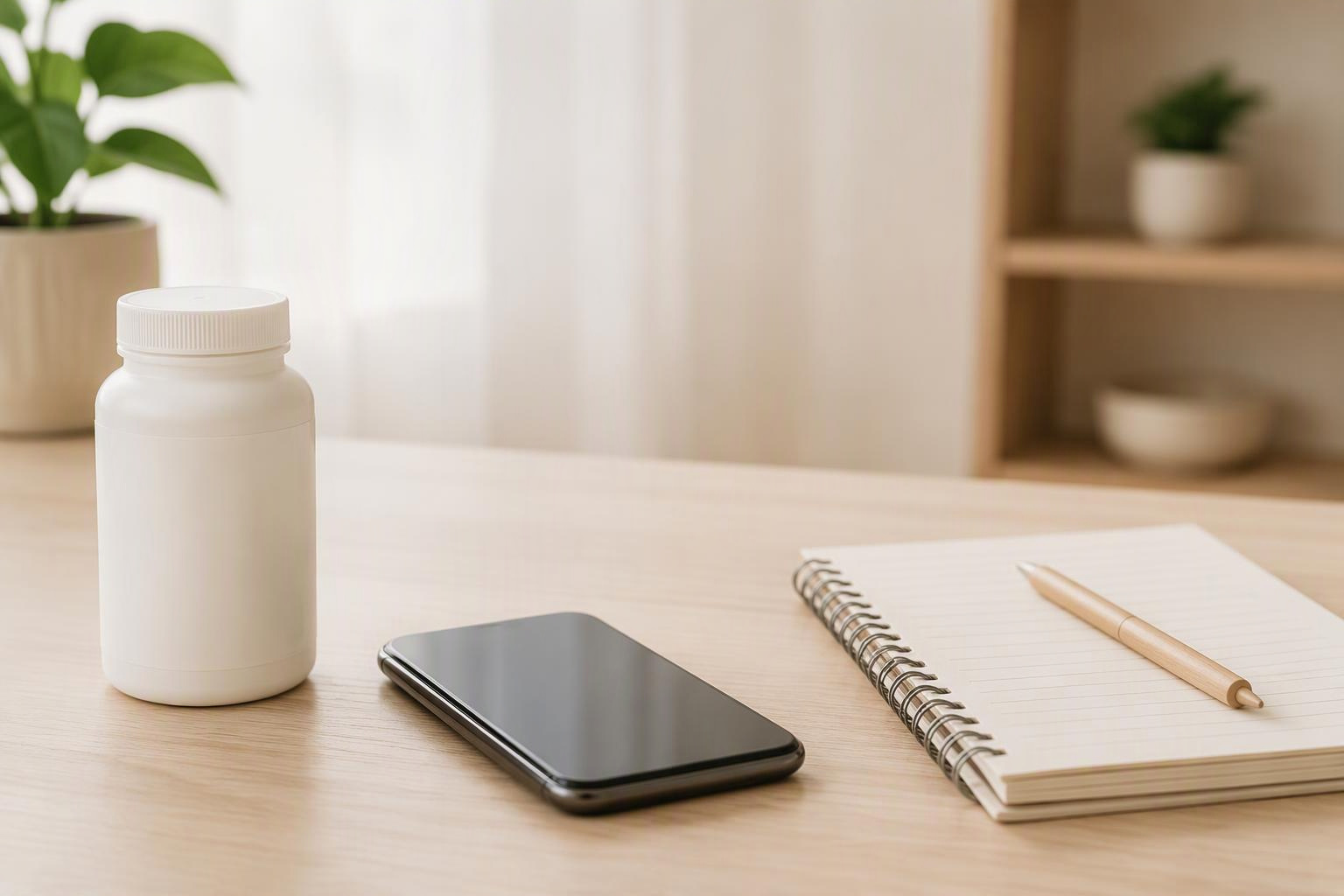 Embalagem genérica de suplemento ao lado de celular e caderno sobre uma mesa.
