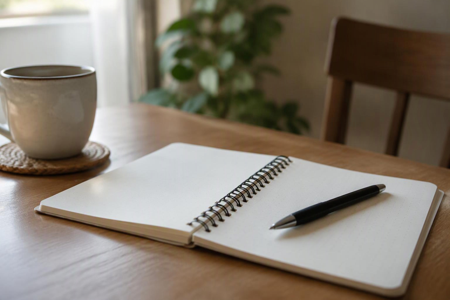 Caderno aberto e caneta sobre uma mesa com iluminação natural.