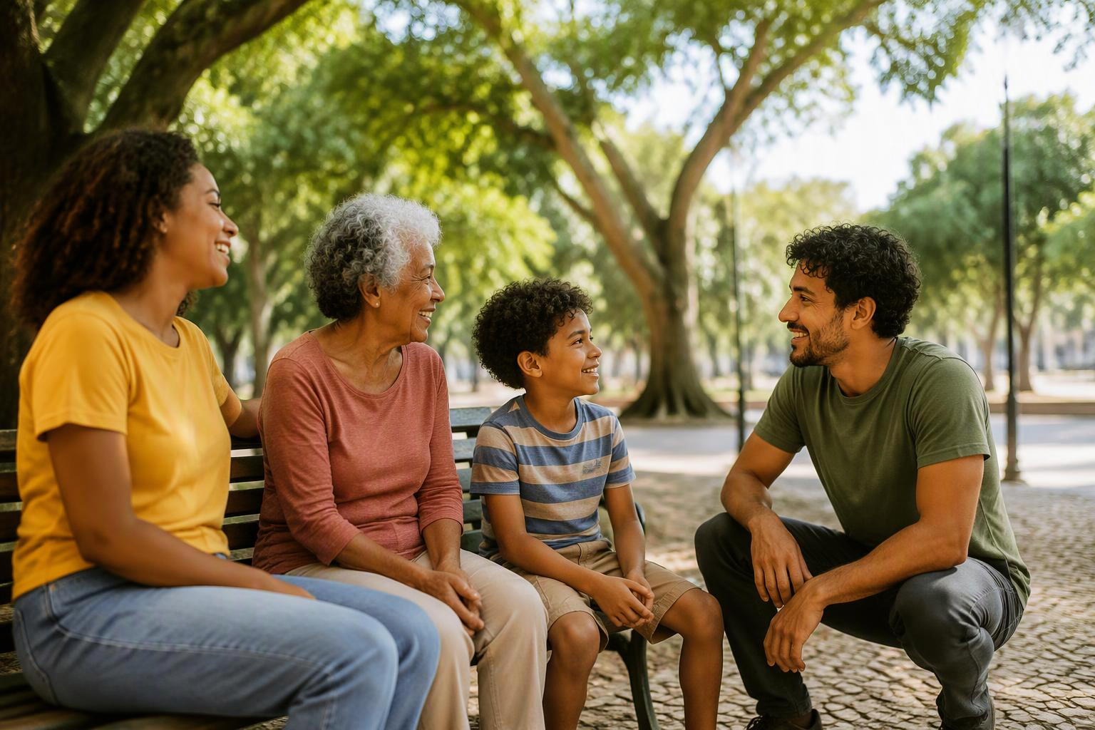 Pessoas de diferentes gerações conversam em uma praça arborizada.