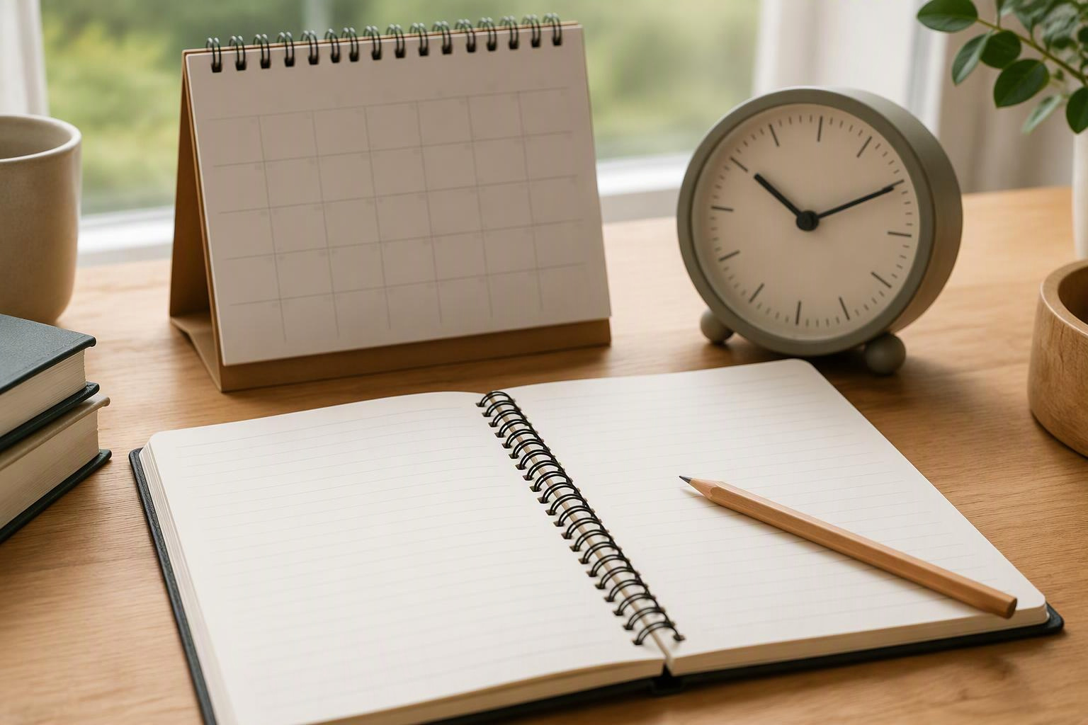 Caderno aberto, lápis, calendário e relógio organizados sobre uma mesa.