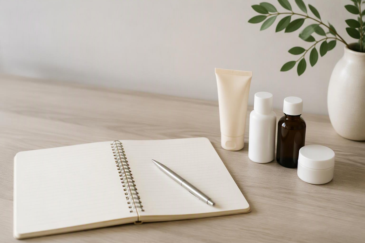 Caderno e embalagens genéricas sobre uma mesa, representando a preparação para uma consulta.