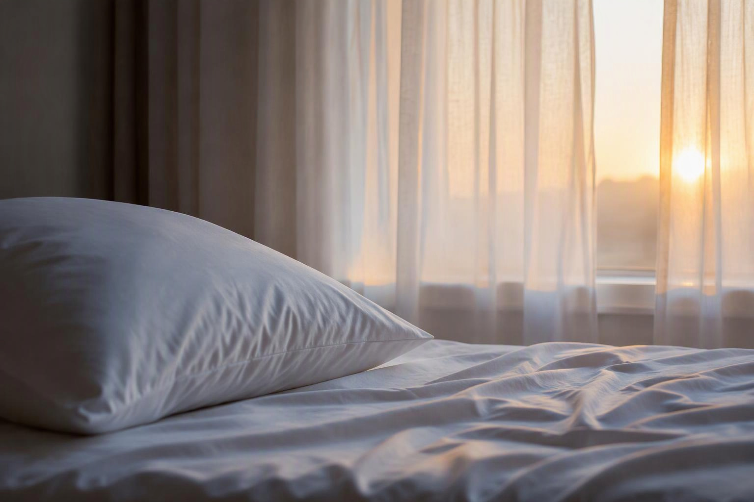 Travesseiro e lençol próximos a uma janela com luz suave do amanhecer.