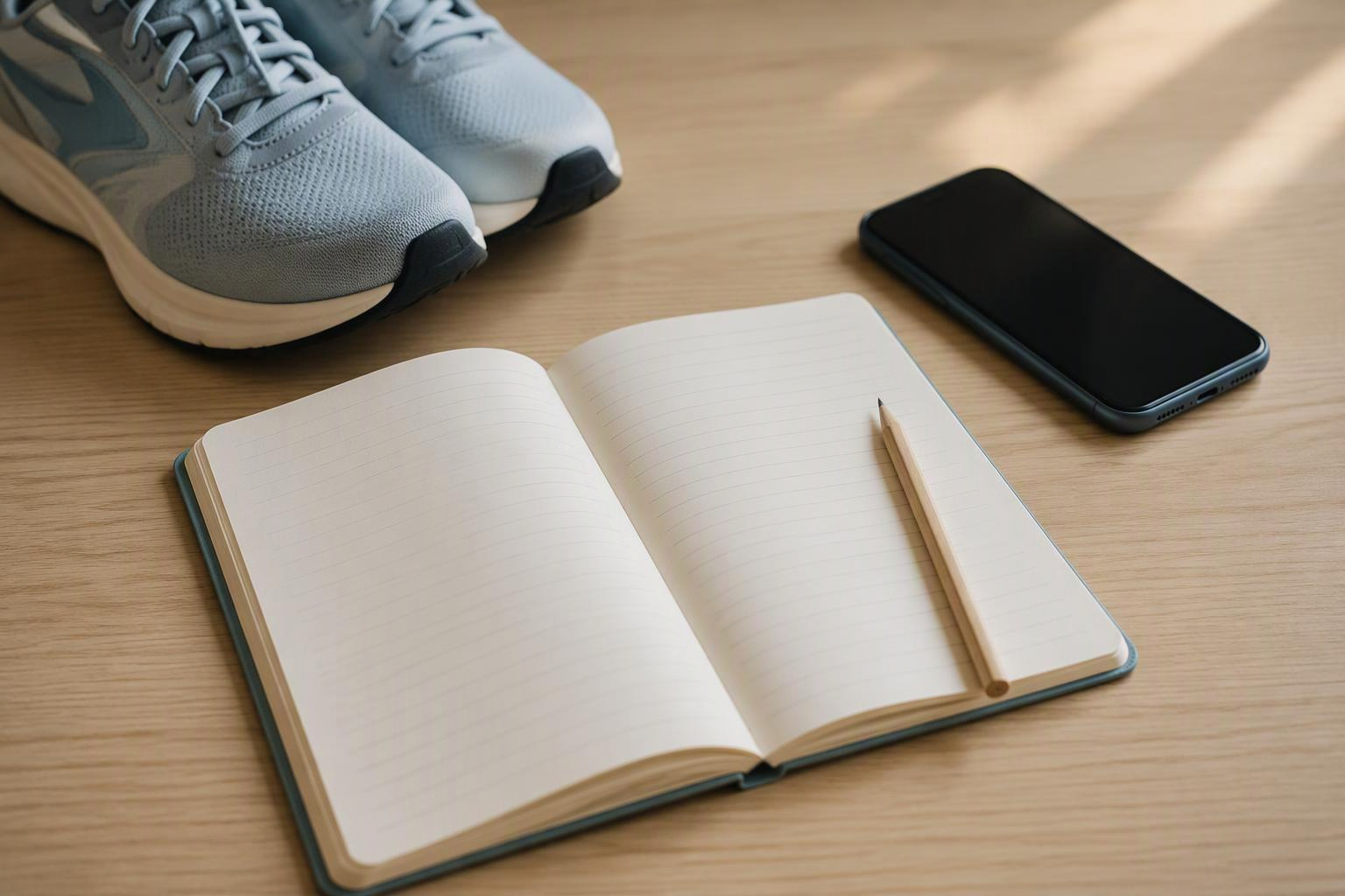 Celular, caderno e lápis sobre uma mesa, com tênis ao lado.