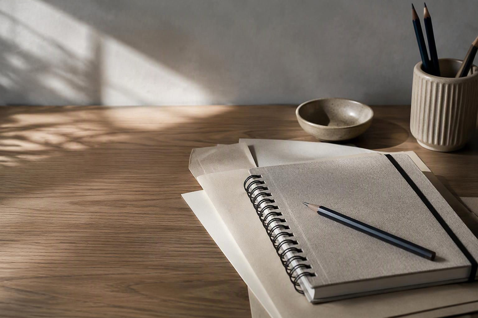 Agenda, lápis e papéis sobre uma mesa iluminada por luz natural.
